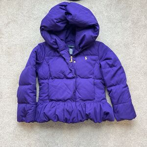 Ralph Lauren Down Puffer Jacket Girls Medium 8-10 Purple Ruffle Snow Preppy Hood
